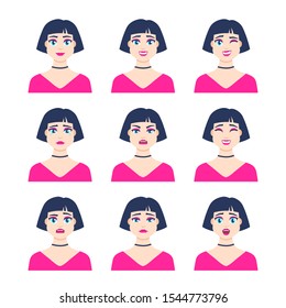Set of young female icon with emotions in cartoon style. Girl avatar profile with facial expression. Characters portraits in bright colors. Isolated vector illustration in flat design