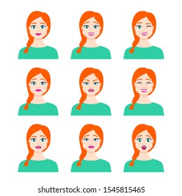 Set of young female icon with emotions in cartoon style. Girl avatar profile with facial expression. Characters portraits in bright colors. Isolated vector illustration in flat design