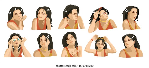 Set of young female icon with emotions in cartoon style. Brunette girl avatar profile with facial expression. Characters portraits in bright colors. Isolated vector illustration in flat design