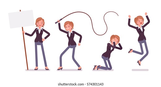 Set of young female manager expressing emotions, lost of emotional regulation, affective riot, crying, jumping with extreme joy, angry and punishing with whip, full length, isolated, white background