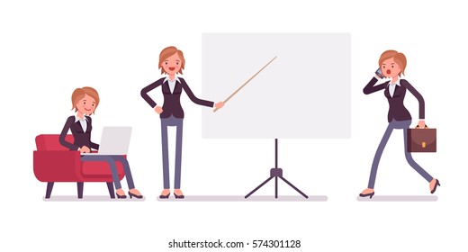 Set of young female manager sitting relaxed in the armchair with laptop, pointing to the empty board, walking and talking on phone, copyspace, full length, isolated against white background