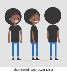 Set of young female smiling millennial character design. Front, side and back view. Flat editable vector illustration, clip art