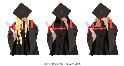 A set of young female students graduated from school. Students cover their face with a hat. Large inscription Graduation 2023. End of school. Printing on banners and flyers by the end of school.