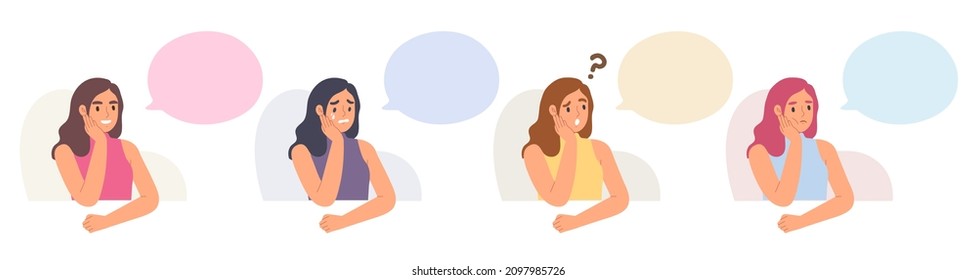 Set of young female in thinking posture with different moods and blank speech bubble. Emotional character happy, sad, curious and bored. Template cartoon for message. Flat vector illustration.