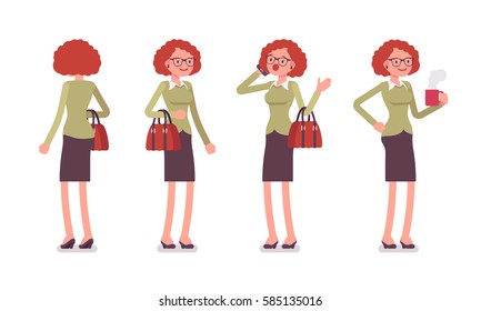 Set of young female typical office worker in a business smart casual wear, standing poses, talking on phone, having a break, drinking coffee, full length, front, rear view, isolated, white background