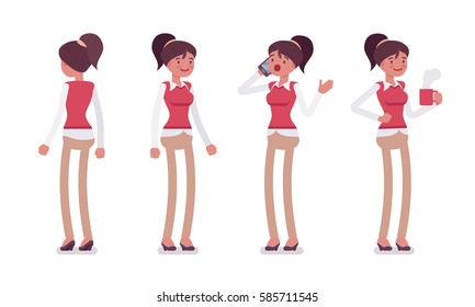 Set of young female typical office worker in a business smart casual wear, standing poses, talking on phone, having a break, drinking coffee, full length, front, rear view, isolated, white background