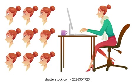 Set of young female working with computer on desk and hairstyles, facial gestures in cartoon character body parts, vector illustration on white background
