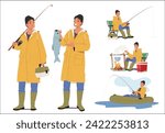 Set with Young Fisherman Character wear Yellow Raincoat holding Rod, Tackle Box, Cooking Fish Soup and Riding Rubber Boat on the Lake. Concept of Fishing Hobby. Cartoon People Vector Illustration
