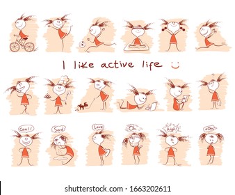 Set of young girl in active life. Vector doodle hand draw illustrations isolated on white, Cut file
