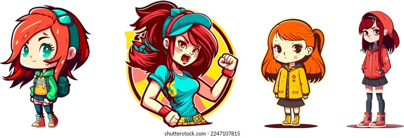 set of young girl anime style character vector illustration design.