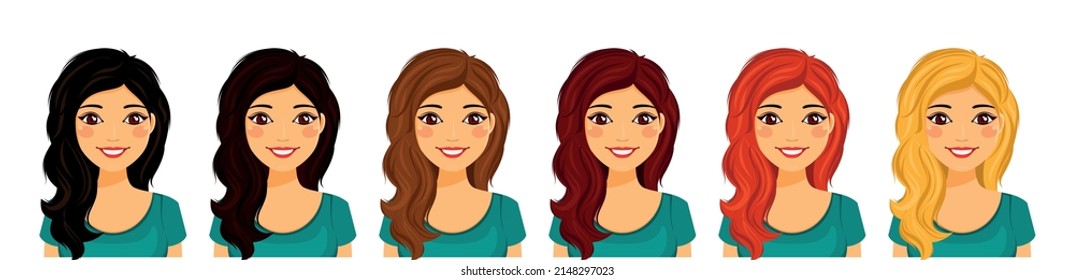 Set young girl. Beautiful of girl with different hair colors. Flat style on white background. Cartoon