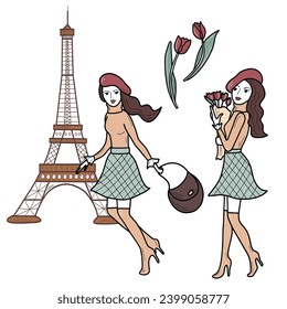 Set of young girl in beret with bouquet or running with a bag on a background with Eiffel Tower and tulip flowers. Vector flat illustration isolated.