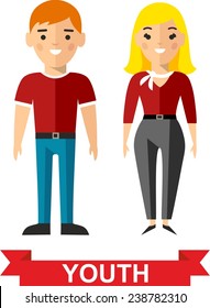 Set of young girl and boy, teenagers, youth man and woman. Vector illustration of a youth man and woman 