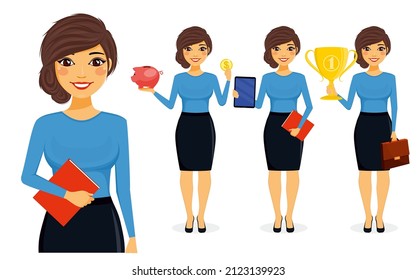 Set. Young girl businessman standing with a tablet computer, Cup, piggy Bank. Business concept. Office work. Business and Finance. Flat style on white background. Cartoon.