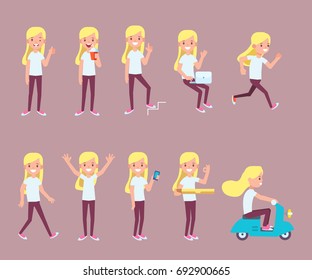 Set of young girl in different poses. Vector cartoon character in a flat style for your projects.
