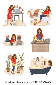 Set of young girl doing different home activities: cooking, studying, cleaning, watering flowers, cooking, takes a bath, reading a book in modern interior. Vector illustration in flat style