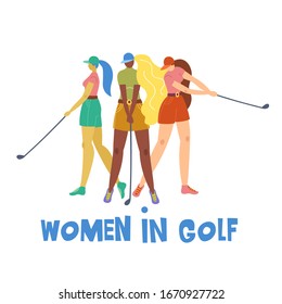 Set with young girl hitting ball with golf club. Vector flat hand drawn illustration. Female golfer plays golf. Woman in sport. T-shirt print design. Cartoon characters.