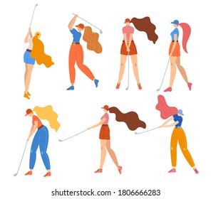 Set with young girl hitting ball with golf club. Vector flat hand drawn illustration. Female golfer plays golf. Woman in sport. T-shirt print design. Let's play. Cartoon characters.