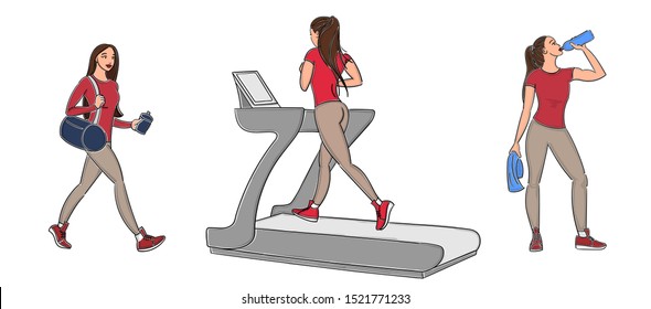 Set Young girl in leggings goes to play sports, engaged in the simulator treadmill, drinks water after training with a towel, . Fitness woman  Full length. Hand drawn art cartoon vector illustration.