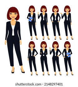 Set. A young girl, an office worker in a business suit. It stands in different poses. Business and finance. Flat style on a white background. Cartoon.