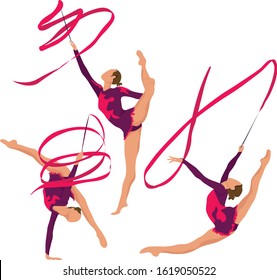 Set Young girl rhythmic gymnastics with ribbon vector illustration. Training performance strength gymnastics. Championship workout rhythmic gymnastics  beautiful character.Women Acrobatic Gymnastics, 