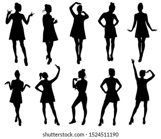Set young girl vector silhouettes in various poses 