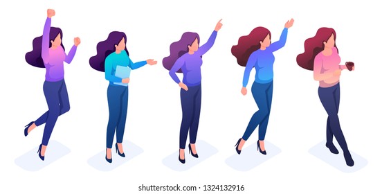 Set of young girls with bright hair and movements. To create vector illustrations.