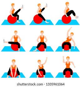 Set of young girls doing exercises in the gym. Beautiful young woman doing exercises with ball. Full color flat vector illustration. 