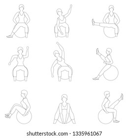 Set of young girls doing exercises in the gym. Beautiful young woman doing exercises with ball. Flat vector illustration.  Line design.