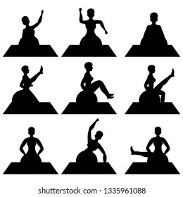 Set of young girls doing exercises in the gym. Beautiful young woman doing exercises with ball. Flat vector illustration. Black silhouette. 