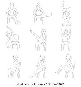 Set of young girls doing exercises in the gym. Beautiful woman doing exercises with chair. Flat vector illustration.  Line design.