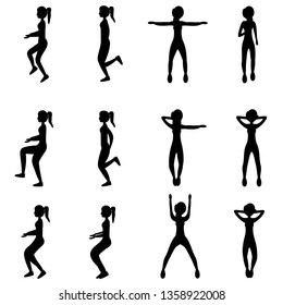 Set of young girls doing exercises in the gym. Beautiful fit woman doing exercises for body warming.  Flat vector illustration. Black silhouette design.