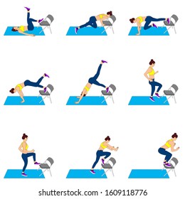 Set of young girls doing exercises in the gym. Beautiful woman doing exercises with chair. Full color flat vector illustration. 