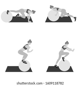 Set of young girls doing exercises in the gym. Beautiful young woman doing exercises with ball. Grayscale flat vector illustration.