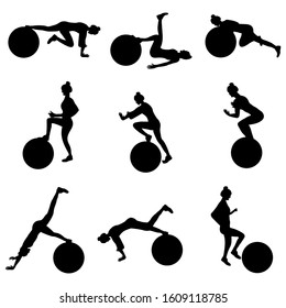 Set of young girls doing exercises in the gym. Beautiful young woman doing exercises with ball. Flat vector illustration. Black silhouette. 