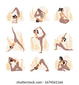 Set of young girls doing yoga exercises, 9 different poses of asanas collection. Vector colorful, flat illustration, isolated on white background.