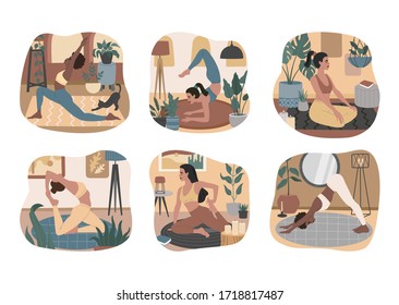 Set of young girls doing yoga asanas, meditating and relaxing in cozy comfortable apartments. Collection of healthy lifestyle habits, body care. Vector illustration in flat cartoon style. 