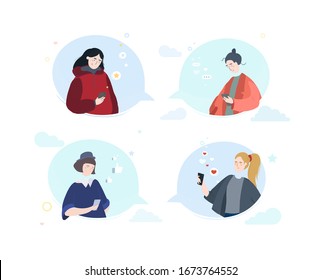 Set of Young girls using phone, chatting together with smartphone. Cartoon vector art illustration isolated on white background.