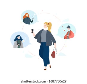 Set of Young girls using phone, chatting together with smartphone. Cartoon vector art illustration isolated on white background.