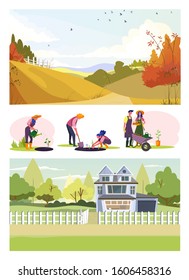 Set of young grangers working at orchard. Flat vector illustrations of people planting and watering plants. Own farm concept for banner, website design or landing web page