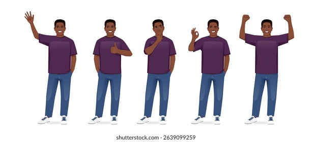 Set of young handsome African American man wearing casual clothes in different poses. Various gestures - waving, showing ok sign, thumbs up, standing exited. Isolated vector illustration