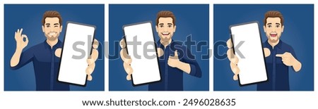 Set of young handsome bearded man wearing blue shirt and showing blank phone screen. Gesturing ok sign and thumb up vector illustration on dark blue background