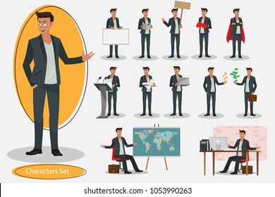 Set of Young handsome Businessman standing in Dark suit concept with flat icons.character design successful man dressed in suit Portrait of Full body and different pose with communication device