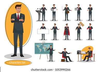 Set of Young handsome Businessman standing in Dark suit concept with flat icons.character design successful man dressed in suit Portrait of Full body and different pose with communication device