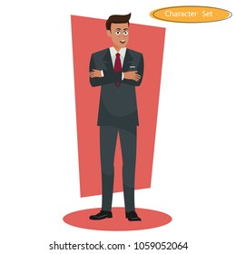 Set of Young handsome Businessman standing in Dark suit concept with flat icons.character design successful man dressed in suit Portrait of Full body and different pose with communication device
