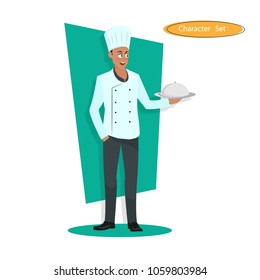 Set of Young handsome Chef standing in white suit concept with flat icons.character design successful man dressed in suit Portrait of Full body and different pose with kitchen utensils