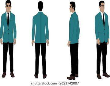Set of young handsome man in business clothes. Different poses and various gestures male character standing 