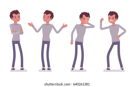 Set of young handsome man in casual wear, skinny jeans, standing troubled and puzzled, facepalm, aggressive, negative emotions, vector flat style cartoon illustration, isolated, white background