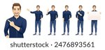Set of young handsome man poses wearing blue shirt and jeans with different gestures showing something. Isolated vector illustration