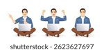 Set of young handsome man poses wearing casual clothes using laptop computer sitting with crossed legs and different gestures. Isolated vector illustration